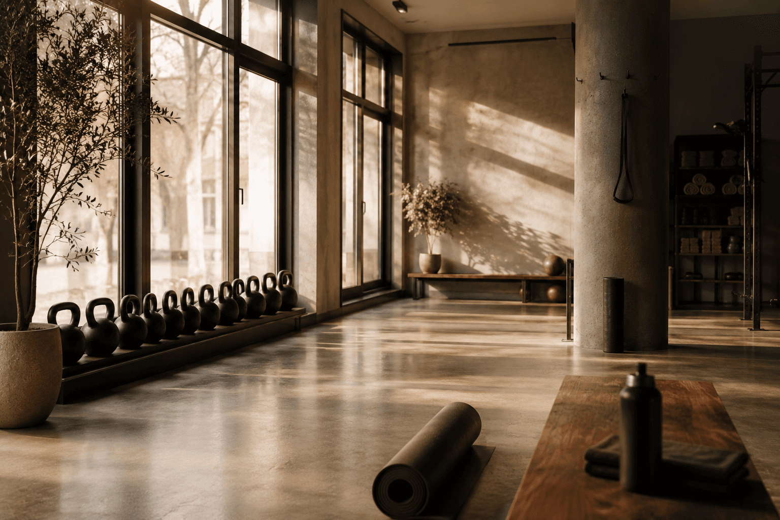 Ruhiges Studio mit Reihe von Kettlebells, hohen Fenstern und sanftem Morgenlicht — minimalistische Premium-Atmosphäre.