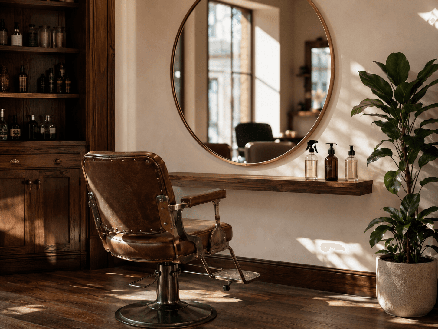 Vintage Friseur-Stuhl vor einem großen runden Spiegel, warme Holztöne, Produkte auf einem Regal — hochwertige Salon-Atmosphäre.