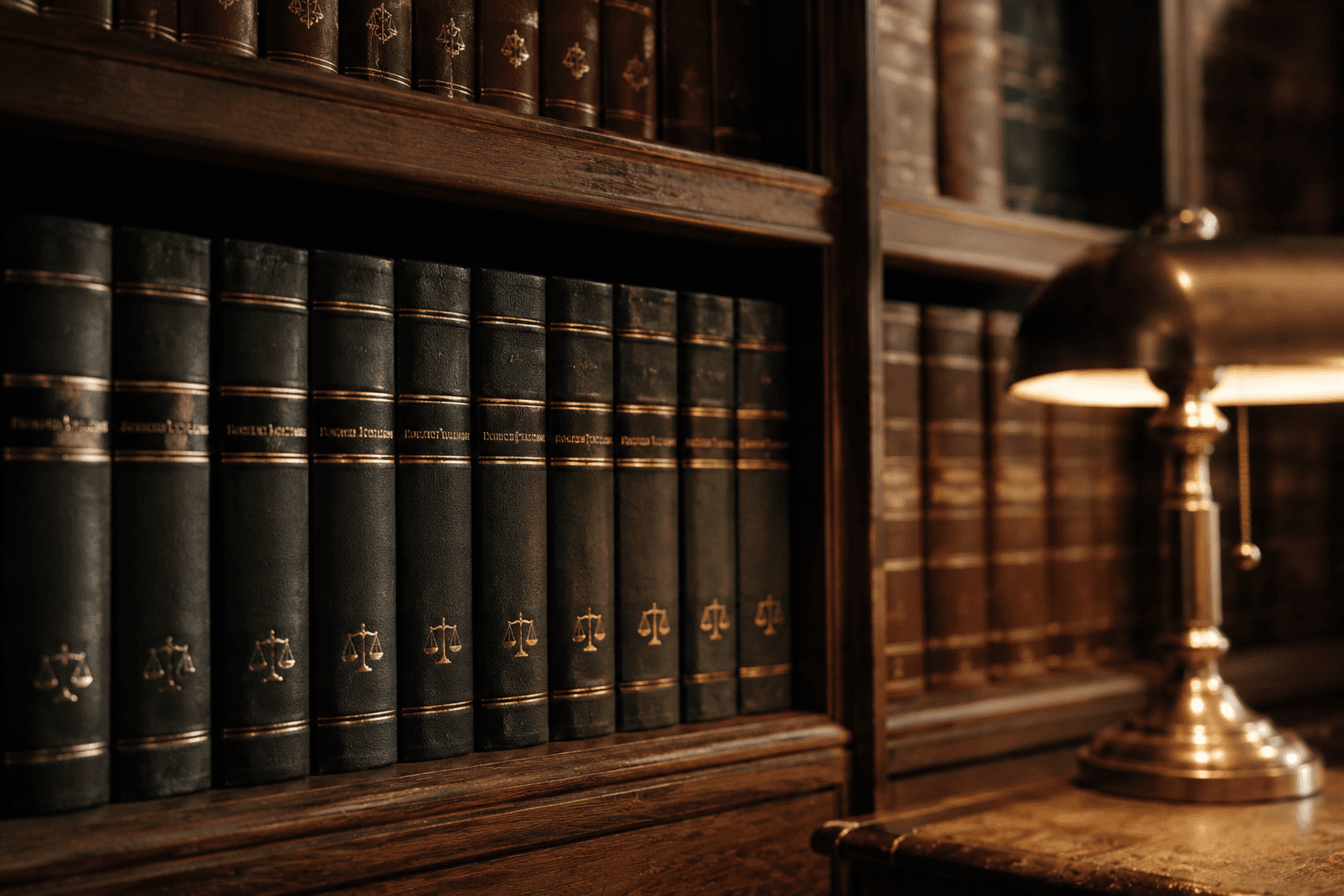 Detail aus einer Kanzlei-Bücherwand: Reihen Leder-gebundener Rechtsbücher in Dunkelgrün, Messing-Schreibtischlampe, warmes Glühlampenlicht.