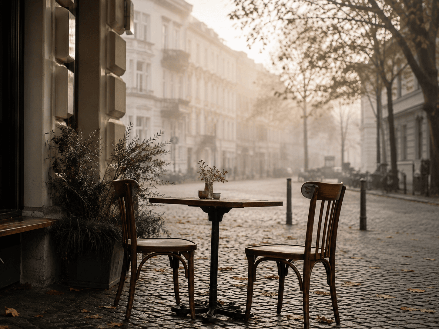 Ruhige Straße in Hamburg-Eimsbüttel am Morgen — Café-Terrasse, Altbau-Fassaden, weicher Nebel.