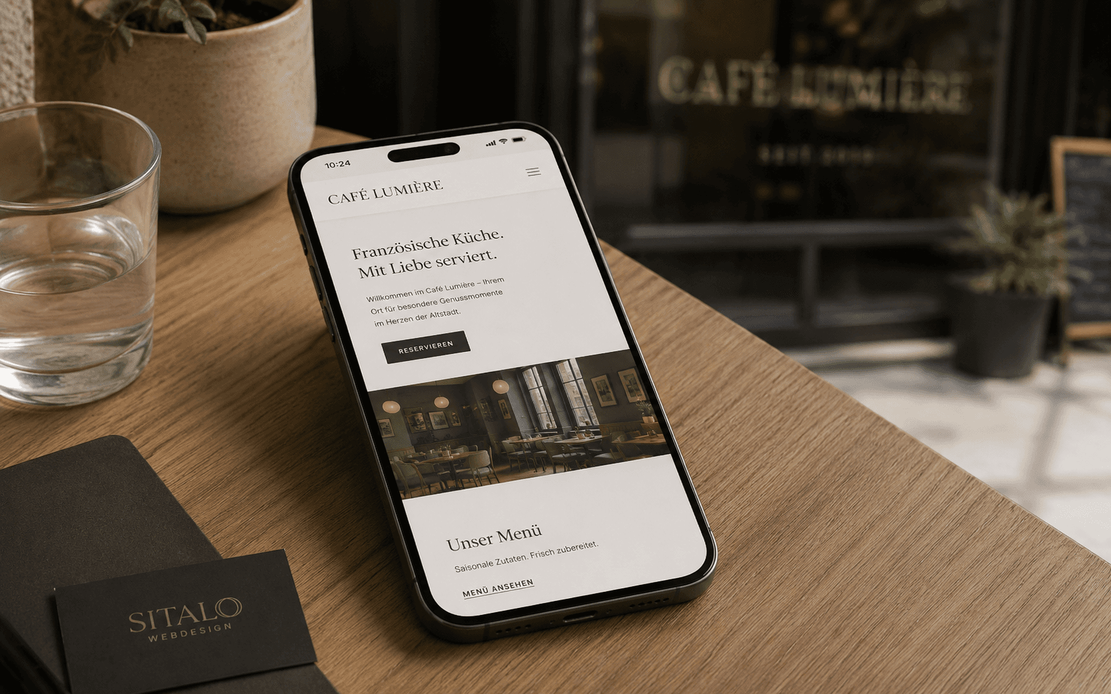 Café-Website von Sitalo auf einem iPhone, vor einem Café im Hintergrund — daneben eine Sitalo-Webdesign-Visitenkarte.