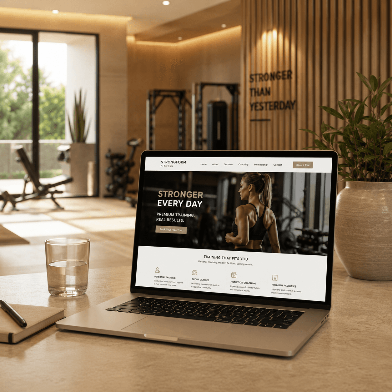 Fitnessstudio-Website von Sitalo („Stronger Every Day. Premium Training.") auf einem Laptop im Studio.