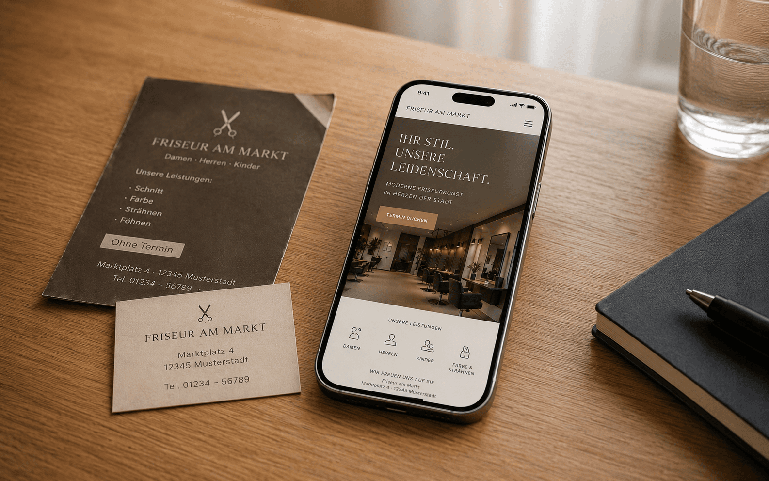 Friseur-Website von Sitalo auf einem iPhone, daneben gedruckte Visitenkarten und ein Flyer für „Friseur am Markt".