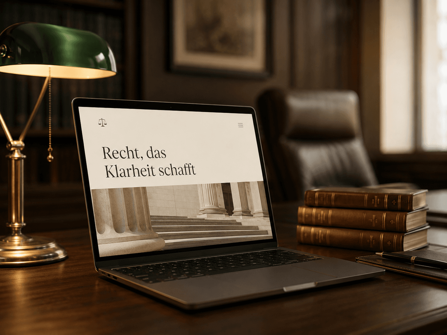 Kanzlei-Website von Sitalo („Recht, das Klarheit schafft.") auf einem Laptop mit Messing-Schreibtischlampe und Lederbüchern.