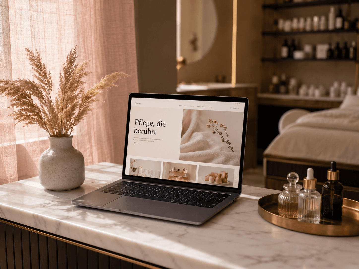Kosmetikstudio-Website von Sitalo („Pflege, die berührt.") auf einem Laptop, daneben getrocknetes Pampasgras und kleine Pflegeprodukte.
