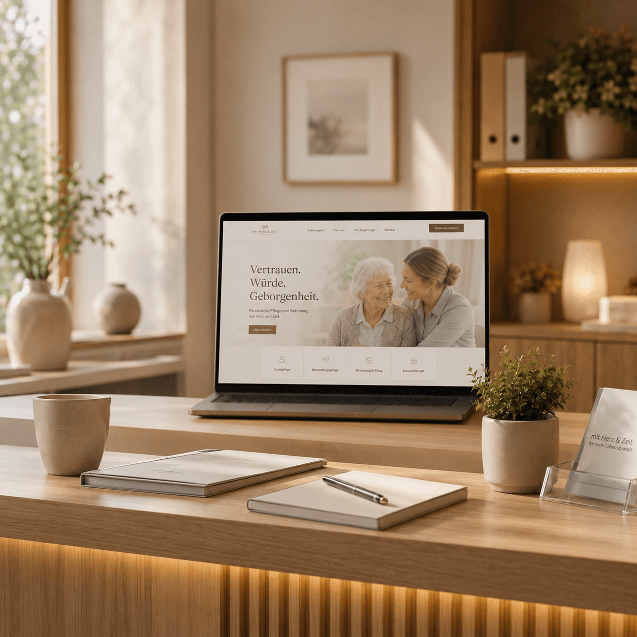 Pflegedienst-Website von Sitalo auf einem Laptop, im warmen Tageslicht eines Büros mit Pflanzen und Notizbuch.