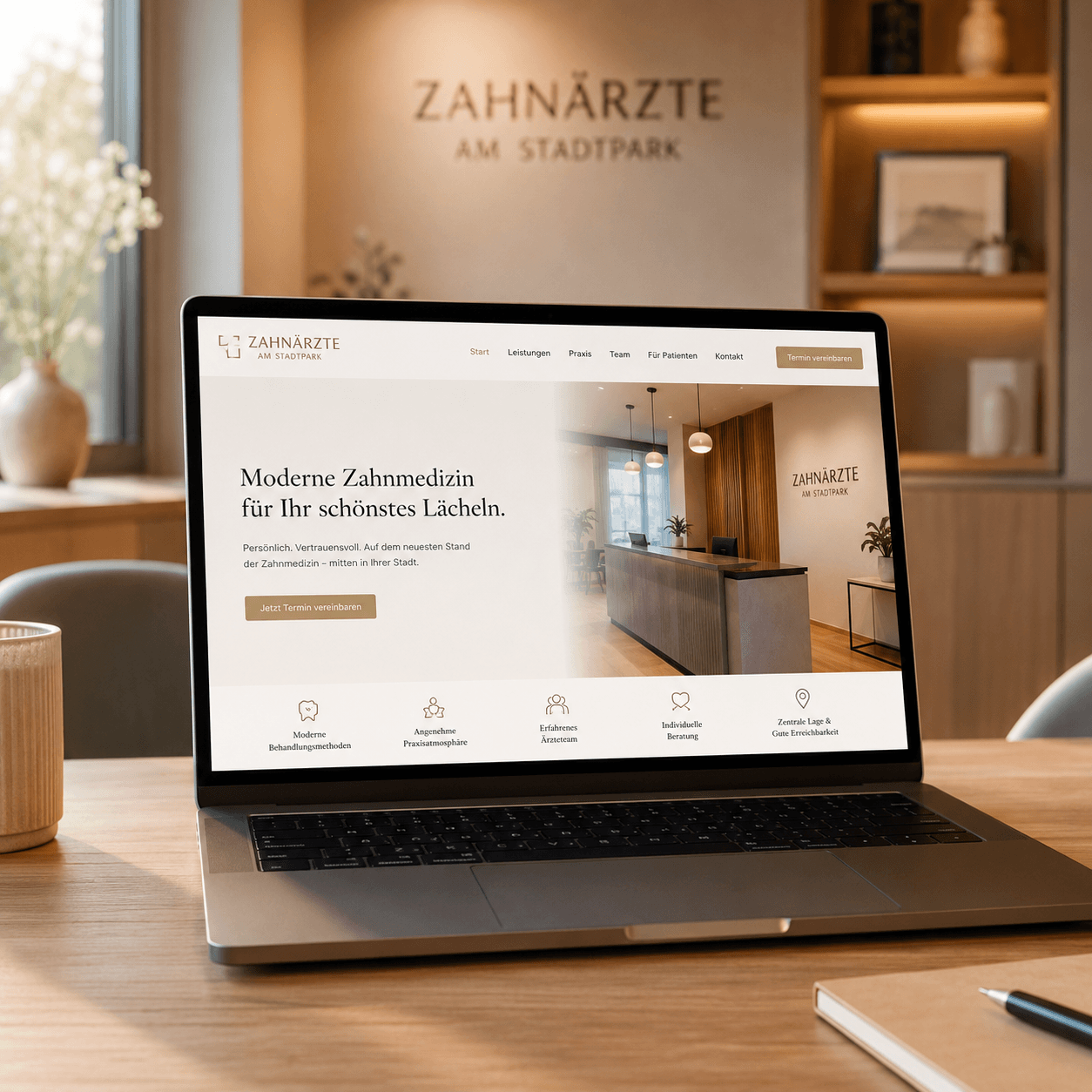 Zahnarztpraxis-Website von Sitalo („Moderne Zahnmedizin für Ihr schönstes Lächeln.") auf einem Laptop im hellen Praxisempfang.
