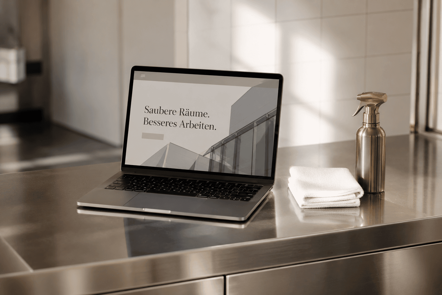 Reinigungs-Website von Sitalo („Saubere Räume. Besseres Arbeiten.") auf einem Laptop, daneben gefaltetes Mikrofasertuch und Sprühflasche.