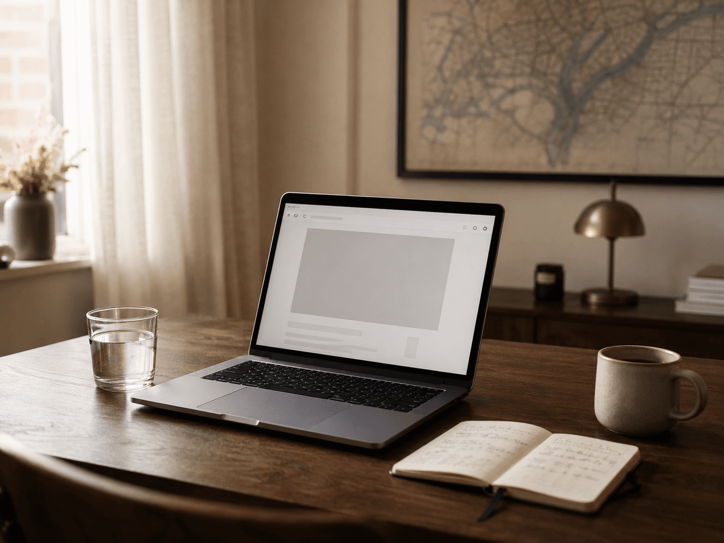 Laptop auf einem warmen Holzschreibtisch, Notizbuch und Tasse — ruhige Arbeitsatmosphäre.