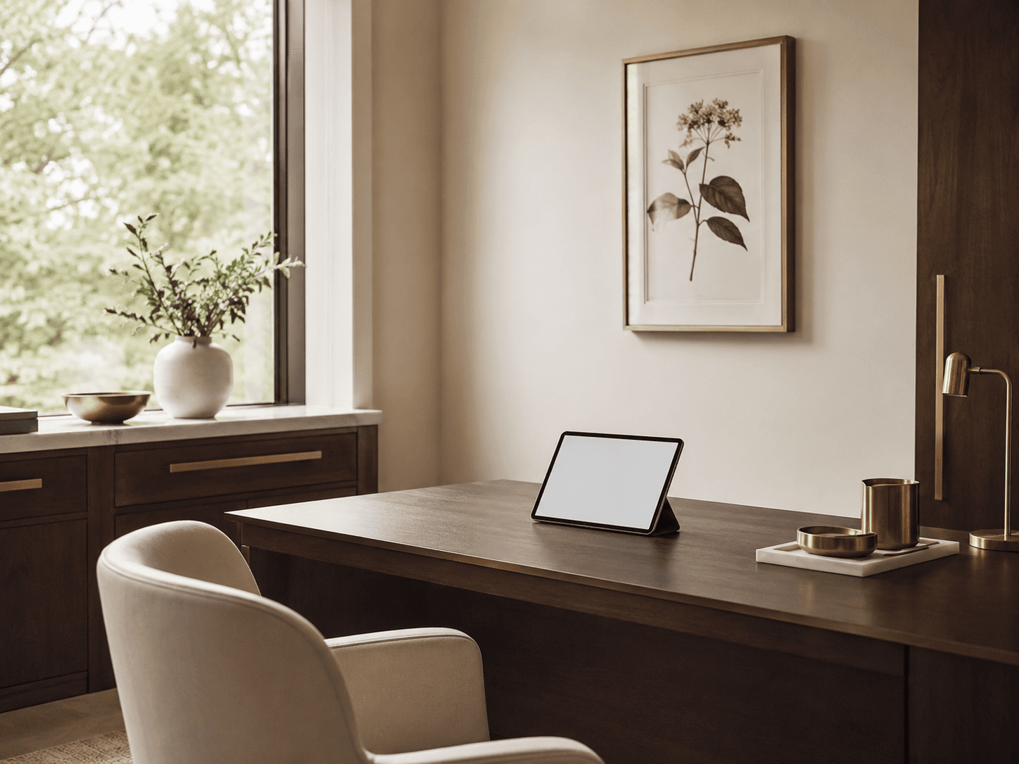 Ruhiger, moderner Behandlungsraum mit Holzschreibtisch, Tablet und botanischem Wandbild — seriöse Atmosphäre.